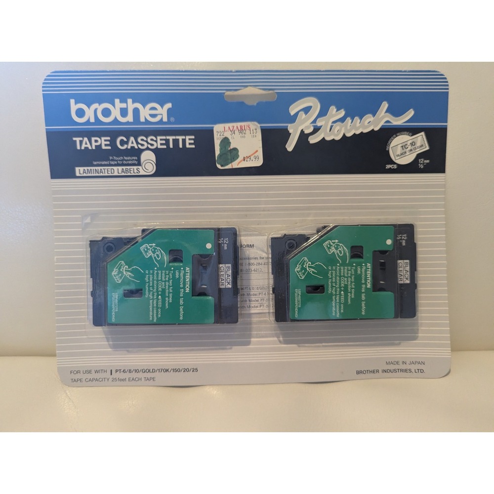 NOS Brother P-Touch TC 10 Black On Clear‎ Tape Cassette 2 Pack 12mm 1/2" 25ft